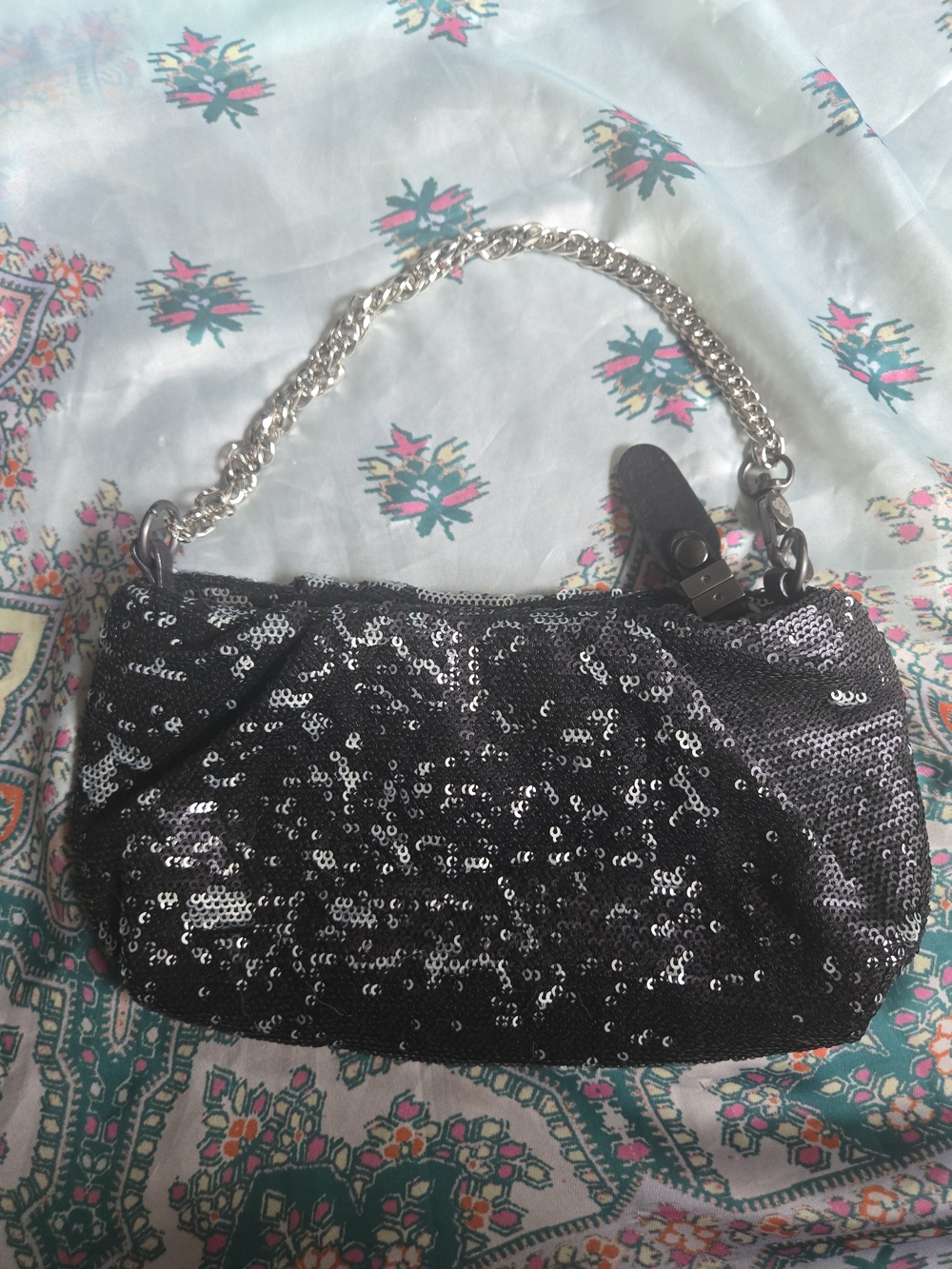 orYANY Anthropologie Wendy Black Sequin Chain-Handle Wristlet Clutch Handbag